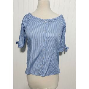 Haute Project Womens Button Blouse Off Shoulder Tie Sleeve Striped Blue Medium‎
